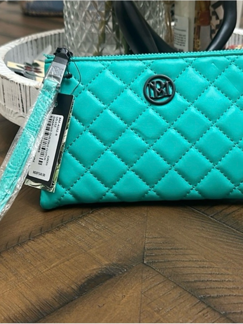 Badgley Mischka Quilted Teal Wristlet Clutch
